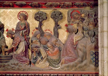 Cristo lavando los pies de los Apóstoles en el jardín de los olivos, 1340-51 piedra pintada (detalle)
